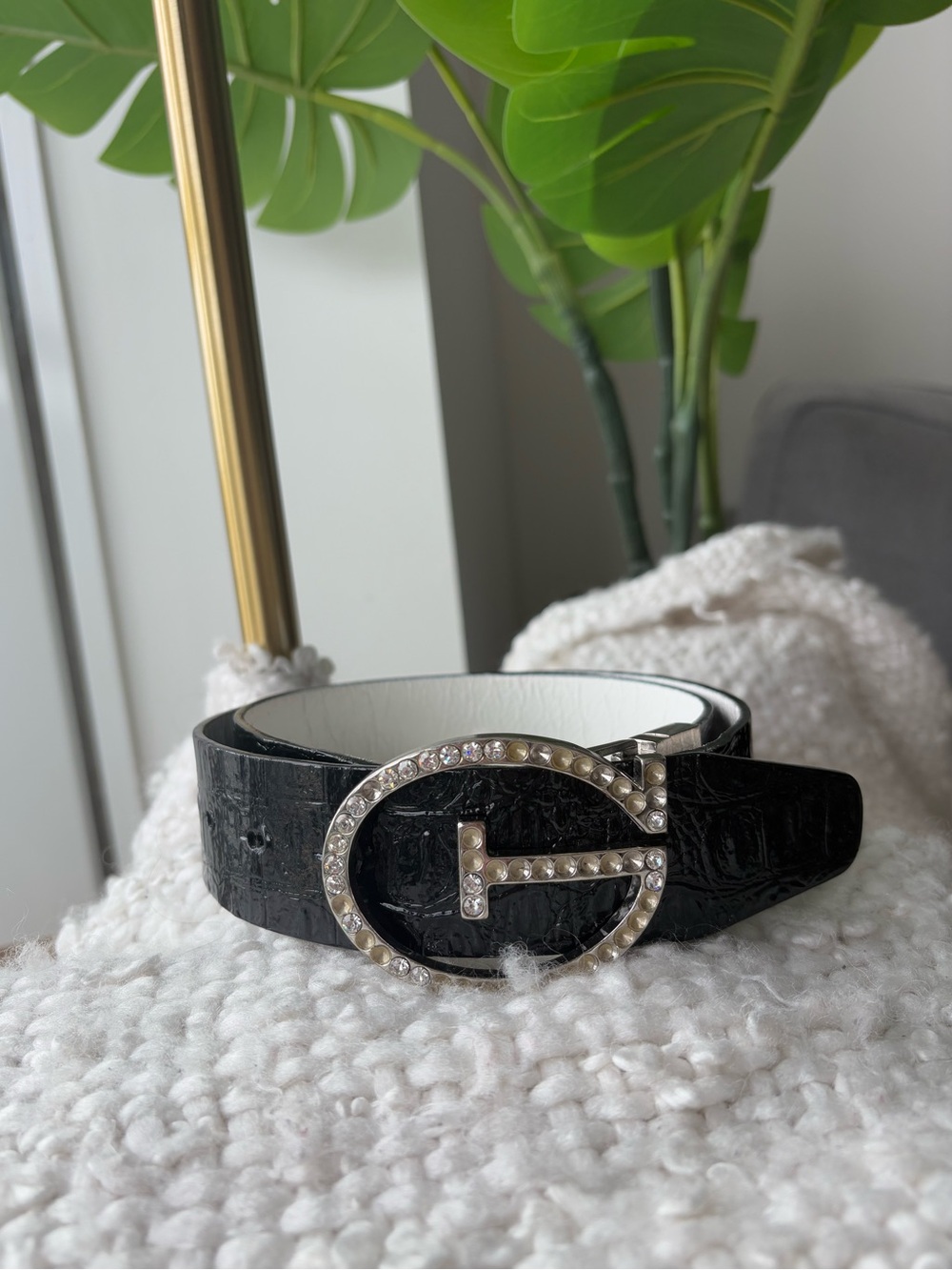Vintage GUESS Black Croc Rhinestone G Buckle Y2K Statement Belt 40”